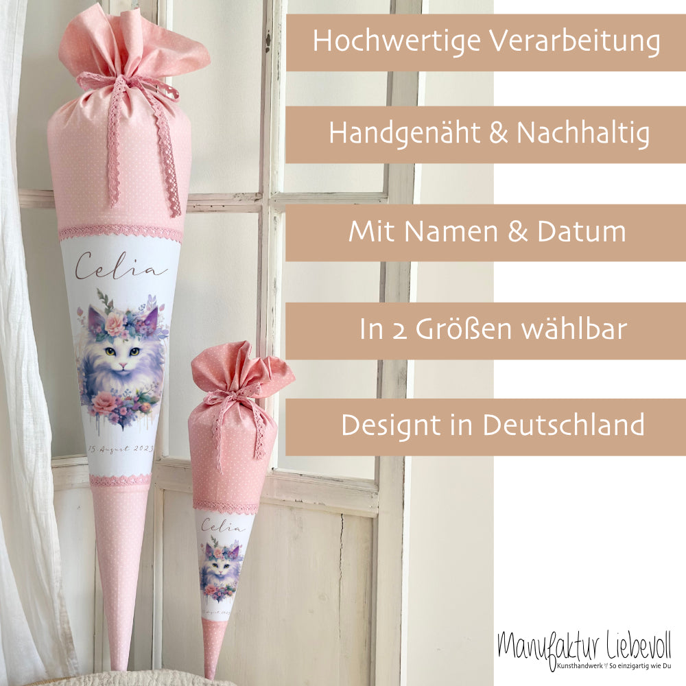 Personalisierte Rosa Stoff Schultüte Katze Mädchen Name Blumen Boho Vintage Einschulungstüte Zuckertüte 70 cm | Optional mit Füllkissen und Spitzenschutz