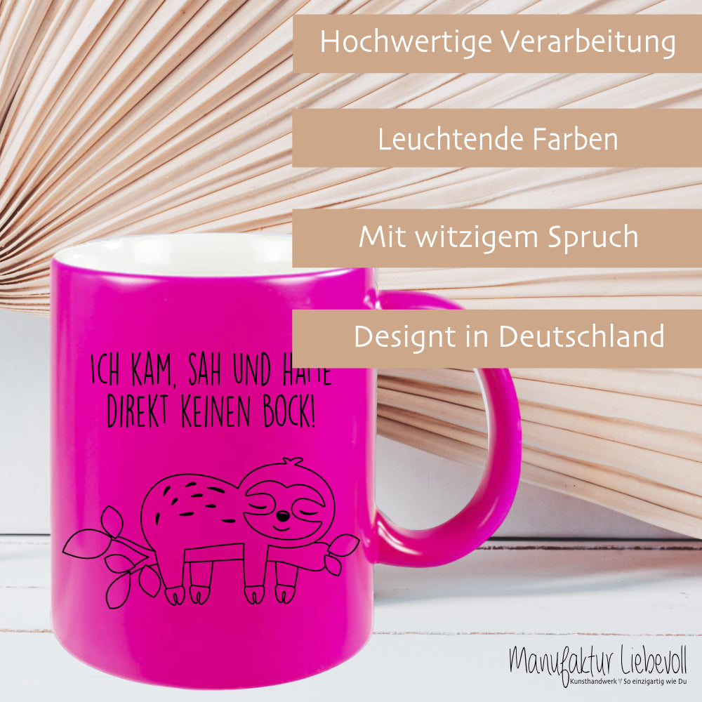 Tasse Faultier mit Spruch: Ich kam, sah und hatte direkt keinen Bock! | 4 Tassenfarben zur Auswahl