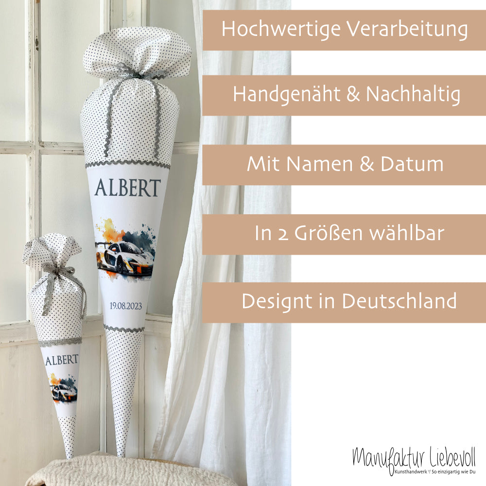 Personalisierte Rennauto Schultüte Stoff Zuckertüte mit Namen und  Datum Einschulungstüte 70 cm | Optional mit Füllkissen und Spitzenschutz