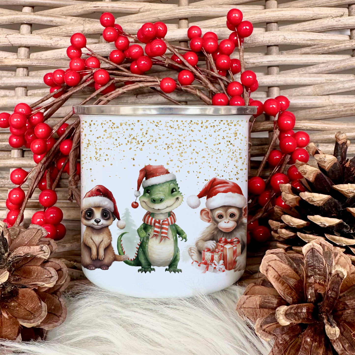 Weihnachtstasse "Tiere" für Kinder | Tasse mit Namen personalisiert | Kinderbecher aus Emaille mit Weihnachtsmotiv | Weihnachtsgeschenk Nikolaus für Mädchen Jungen Teenager | 7 Produktvarianten zur Auswahl