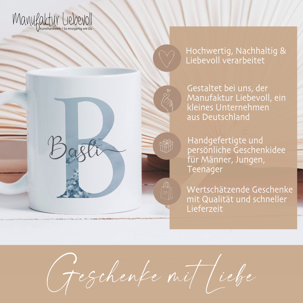 Tasse mit Buchstabe und Name für Sie und Ihn | Kaffeetasse aus Keramik | 2 Motivvarianten zur Auswahl