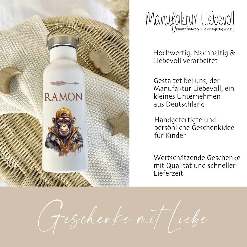 Kinder Trinkflasche Affe mit Namen als Geschenkidee 