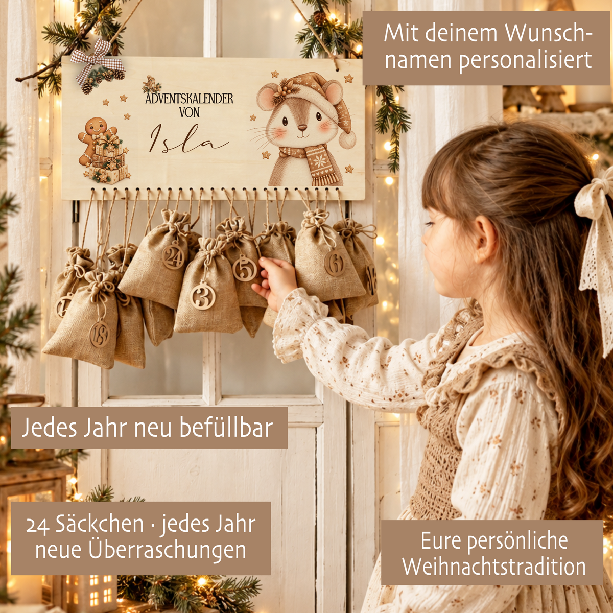 Personalisierter Adventskalender aus Holz mit Namen – 6 Tiermotive