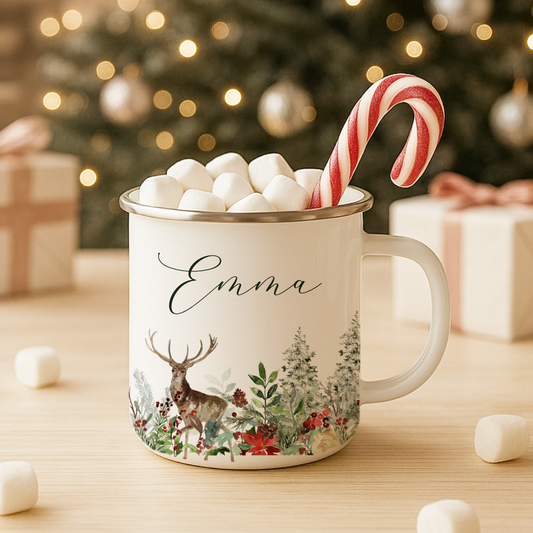 Personalisierte Emaille Tasse Weihnachten mit Namen – Hirsch & Wintermotiv – Geschenkidee Advent & Weihnachtsgeschenk