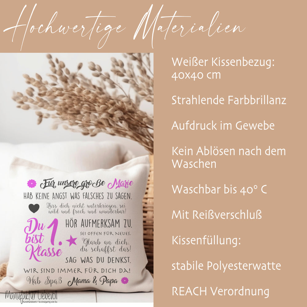 Kissen zur Einschulung "Du bist 1. Klasse" | Personalisiertes Einschulungsgeschenk für Mädchen und Jungen | 4 Varianten zur Auswahl