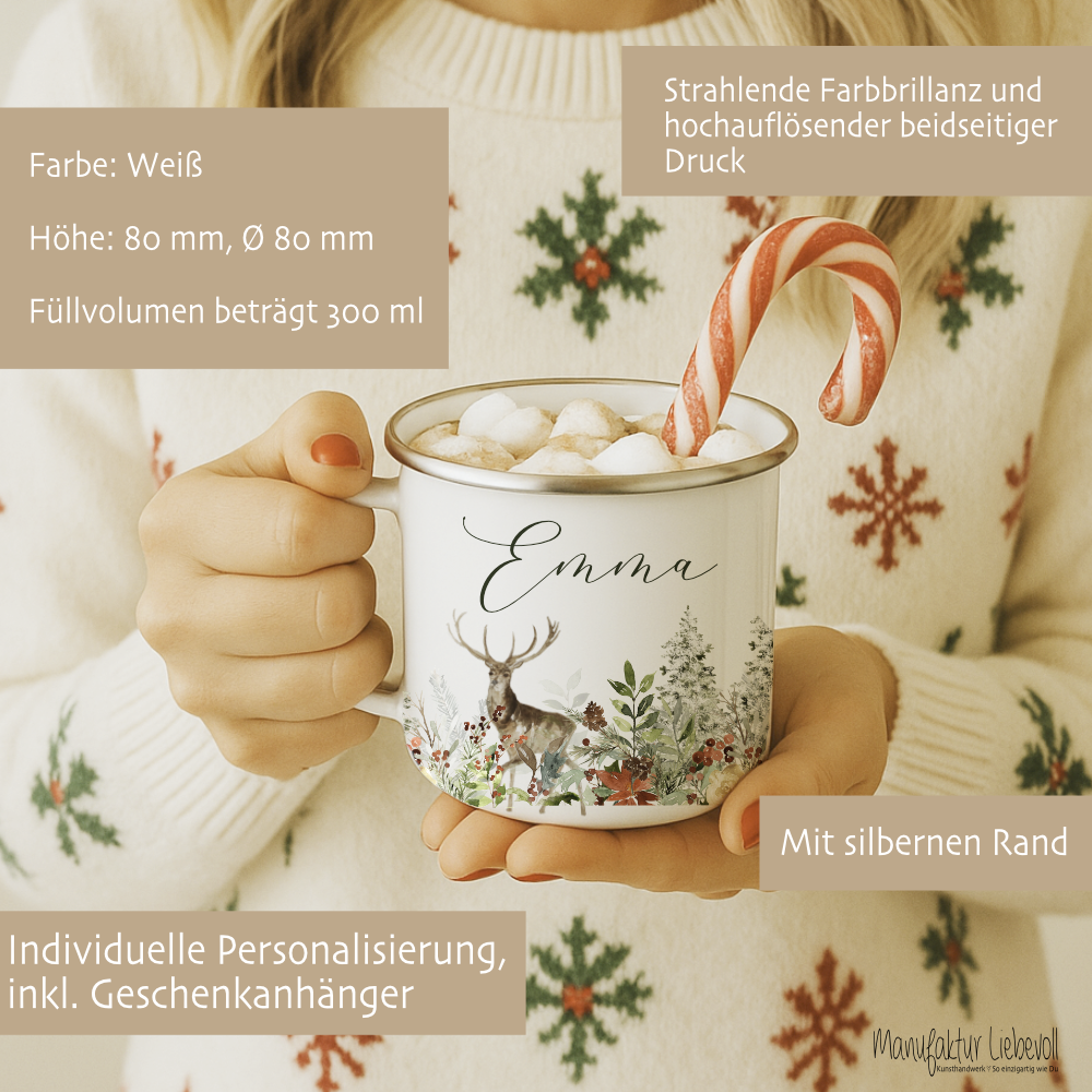 Personalisierte Emaille Tasse Weihnachten mit Namen – Hirsch & Wintermotiv – Geschenkidee Advent & Weihnachtsgeschenk