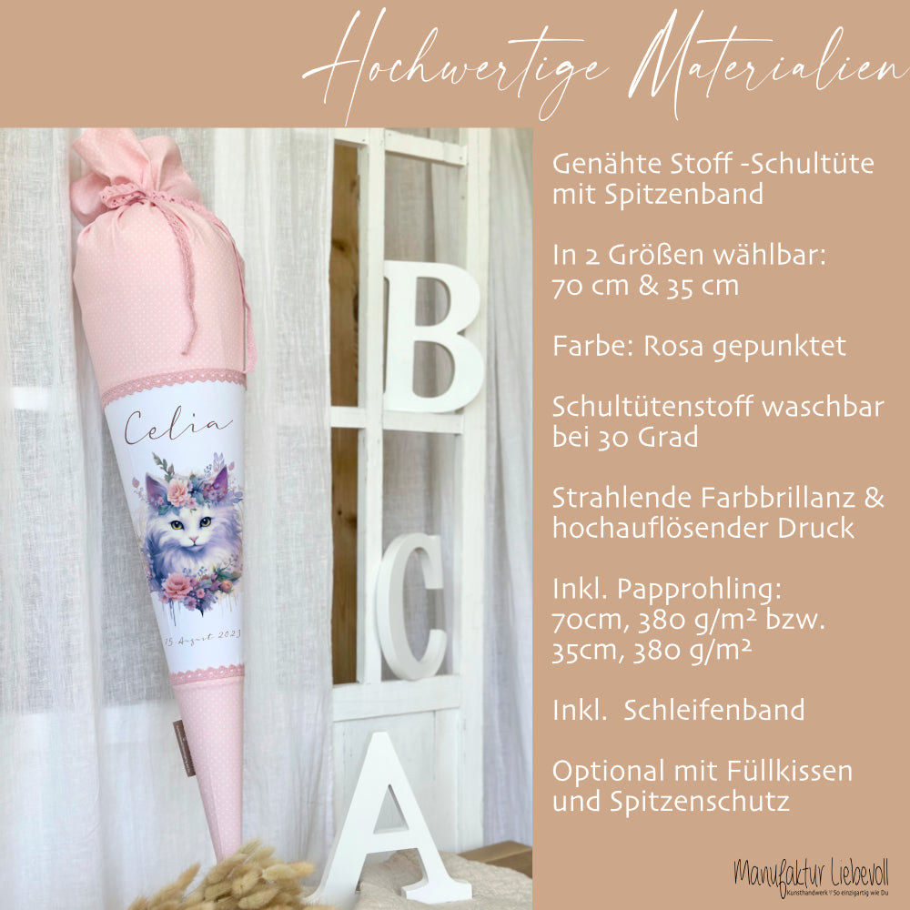 Personalisierte Rosa Stoff Schultüte Katze Mädchen Name Blumen Boho Vintage Einschulungstüte Zuckertüte 70 cm | Optional mit Füllkissen und Spitzenschutz