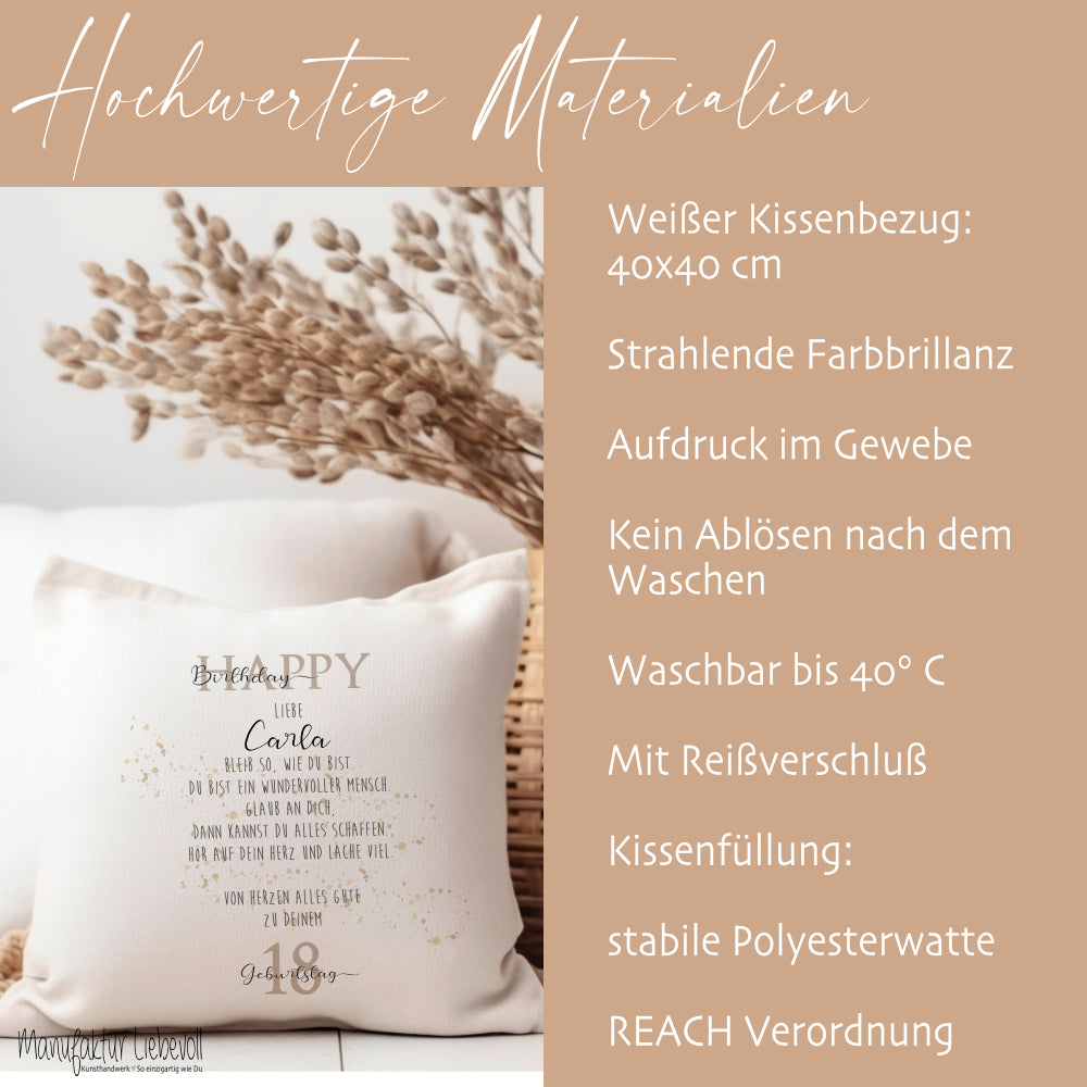 Kissen zum Geburtstag "Happy Birthday" | Personalisiertes Geschenk mit besonderen Geburtstagswünschen | Geburtstagsgeschenk mit Namen und Wunschzahl