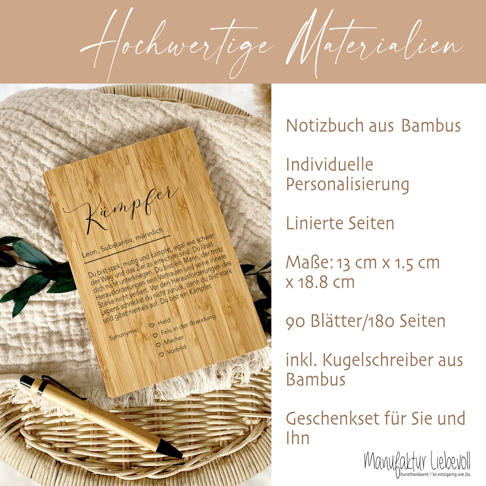 Notizbuch Kämpfer mit Namen Definition Geschenk Mann Freund Sohn Personalisiert Tagebuch Notizheft Journal Zuversicht Kraft Geschenk DIN A5