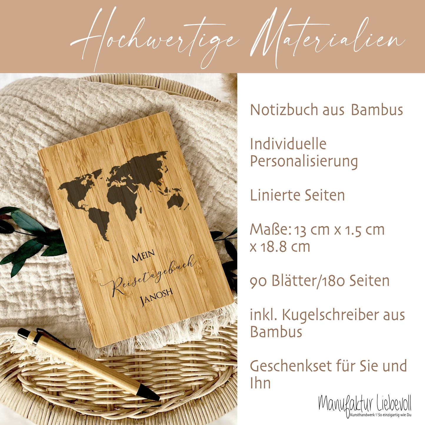 Reisetagebuch zum Selberschreiben | Notizbuch mit Name u. Weltkarte | Personalisiertes Geschenk für Sie u. Ihn