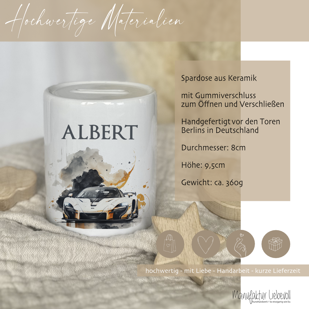 Spardose "Rennauto" mit Namen für Jungen | Geschenk für Kinder Teenager | Personalisiertes Geldgeschenk I Geschenkidee zum Geburtstag | 10 Motive zur Auswahl