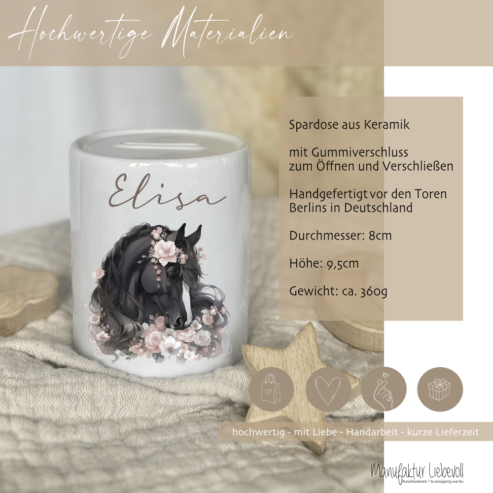Keramik Spardose "Pony" mit Namen für Mädchen | Geschenk für Kinder | Personalisiertes Geldgeschenk I Geschenkidee zum Geburtstag | 10 Motive zur Auswahl