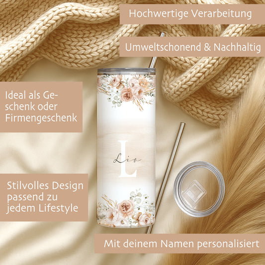 Personalisierter Thermobecher mit Namen & Initialen Boho Floral Edelstahl Kaffeebecher to go mit Strohhalm Geschenk für Frauen u. Mädchen