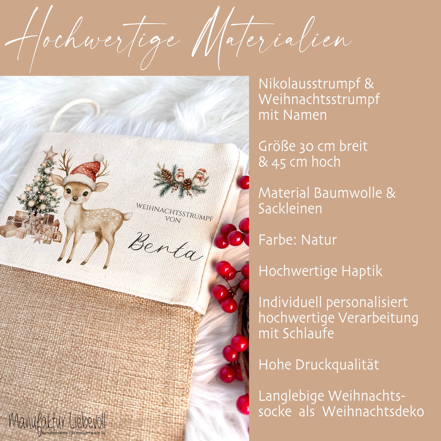 Nikolausstrumpf Nikolausstiefel personalisiert Kinder Weihnachtsstrumpf Rehkitz Mädchen Jungen Name Weihnachtsstiefel Nikolaussocke