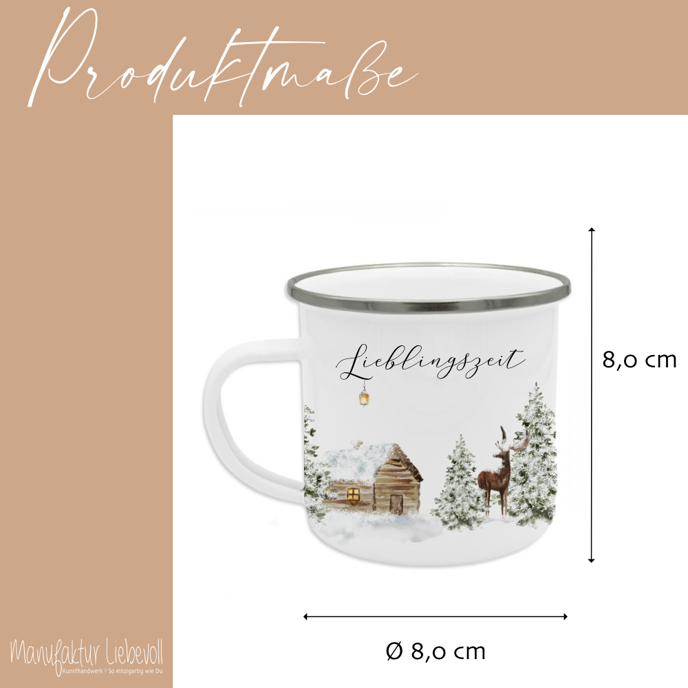 Emaille Tasse Lieblingszeit – Winter Becher mit Hirsch & Hütte – Geschenkidee Weihnachten & Advent