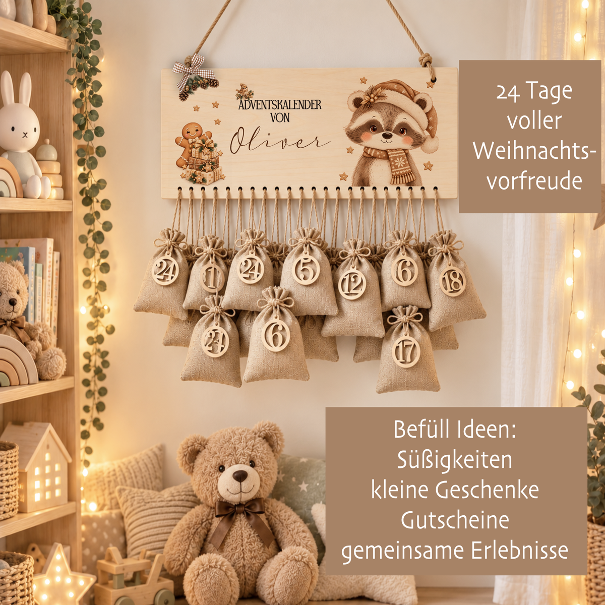 Personalisierter Adventskalender aus Holz mit Namen – 6 Tiermotive