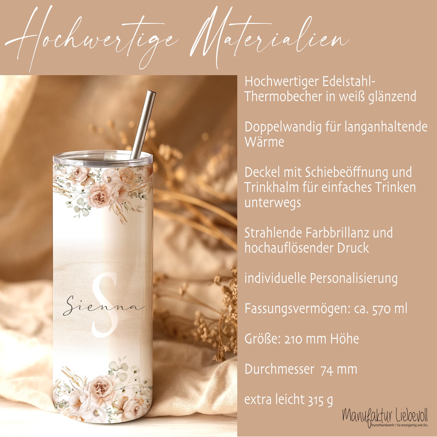 Personalisierter Thermobecher mit Namen & Initialen Boho Floral Edelstahl Kaffeebecher to go mit Strohhalm Geschenk für Frauen u. Mädchen