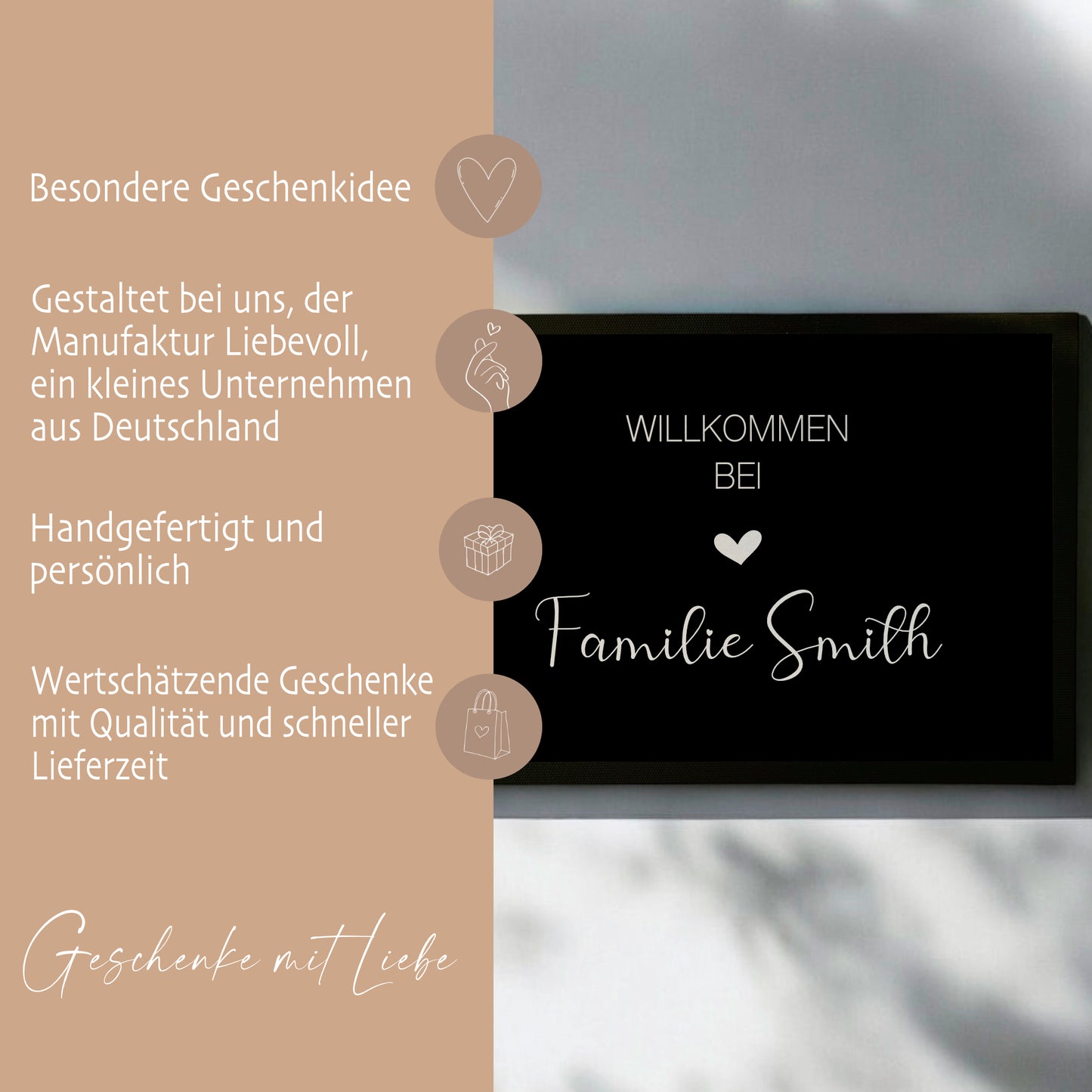 Fußmatte personalisiert mit dem Namen der Familie | Optional als Set mit Türschild erhältlich