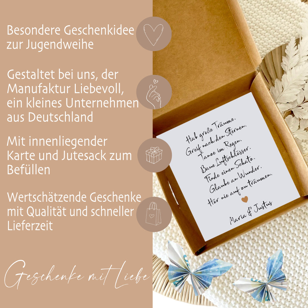 Geschenkschachtel Jugendweihe, Konfirmation, Kommunion, Firmung, Taufe, Einschulung Karte mit Namen, Geldgeschenk Box inkl. Jutebeutel I Manufaktur Liebevoll