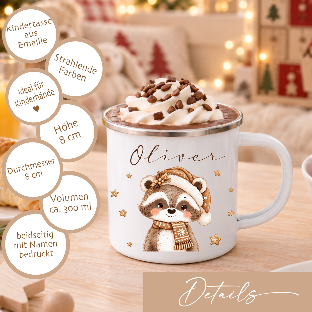 Kindertasse mit Namen Weihnachten, Emaille Tasse personalisiert I Nikolausgeschenk Kinder I Weihnachtstasse Mädchen Jungen I 6 Tiermotive