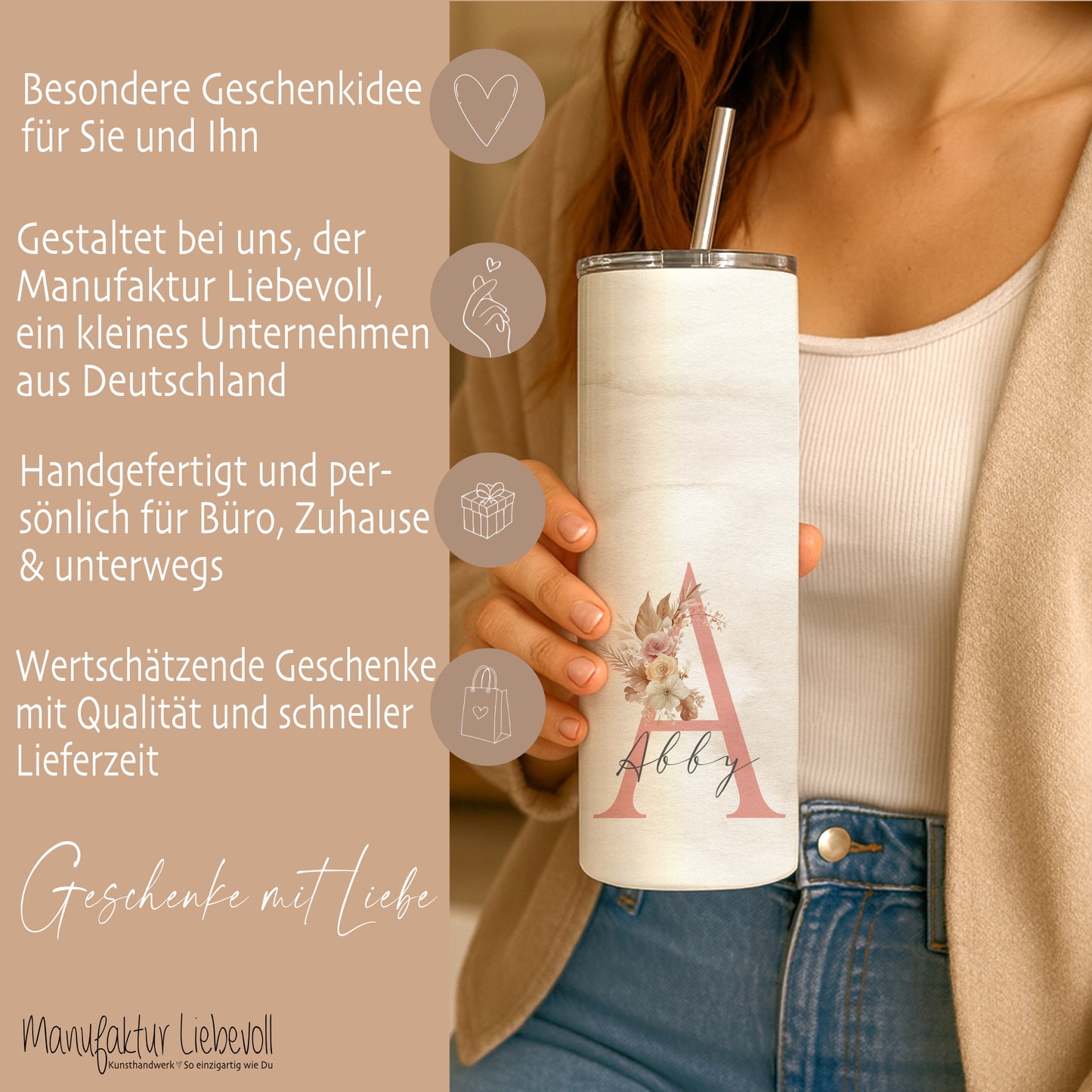 Personalisierter Edelstahl-Thermobecher 20 oz mit Namen & Initiale Thermobecher personalisiert  Geschenk für Frauen Boho Kaffeebecher to go