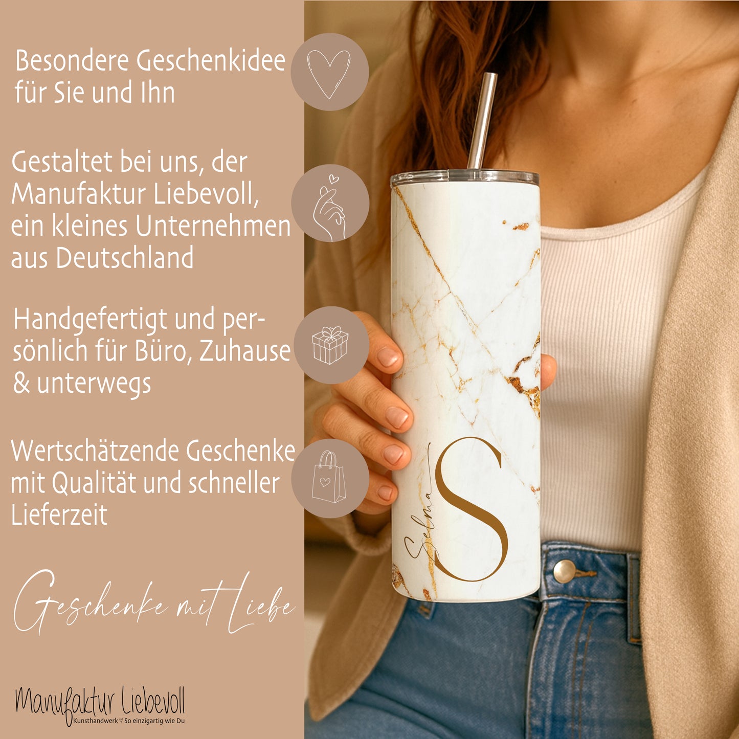 Thermobecher personalisiert 20 oz – Edelstahl Kaffeebecher to go mit Strohhalm, Doppelwandig, Geschenk für Frauen, Beste Freundin Geschenk