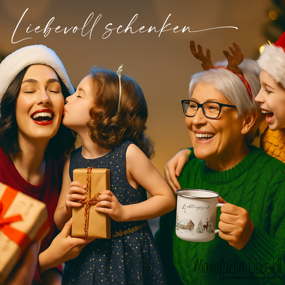 Emaille Tasse Lieblingszeit – Winter Becher mit Hirsch & Hütte – Geschenkidee Weihnachten & Advent