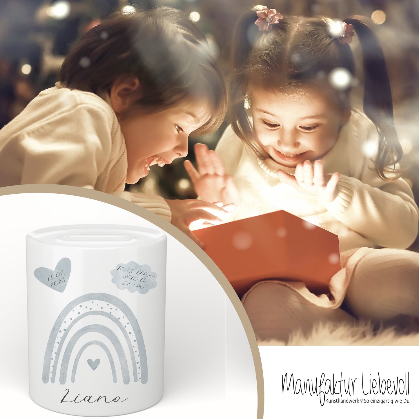 Spardose Regenbogen für Babys, personalisiert mit Namen und Geburtsdaten