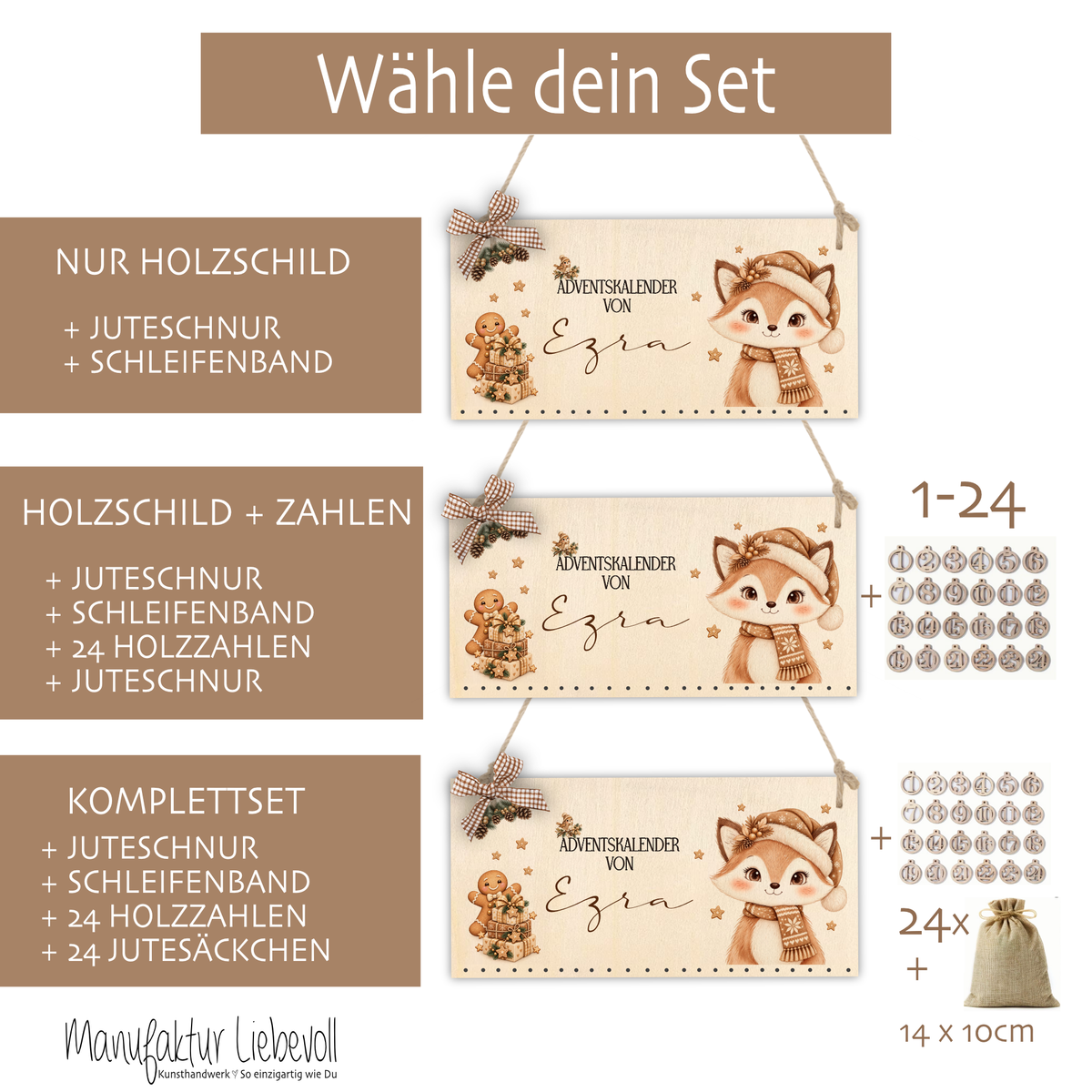 Personalisierter Adventskalender aus Holz mit Namen – 6 Tiermotive