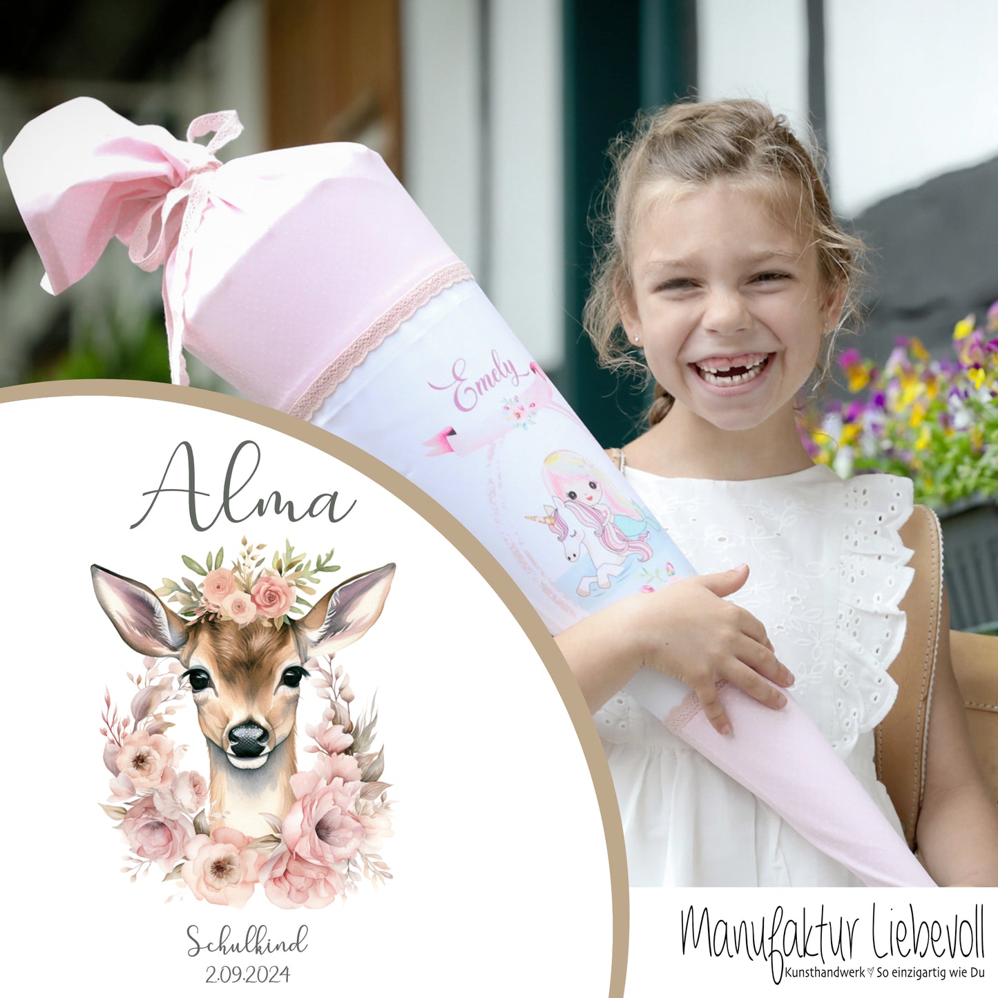 Reh Schultüte Mädchen personalisiert - Rehkitz Schultüte mit Namen - Bambi Stoff Schultüte Einschulung  Geschenk – rosa boho Schultüte