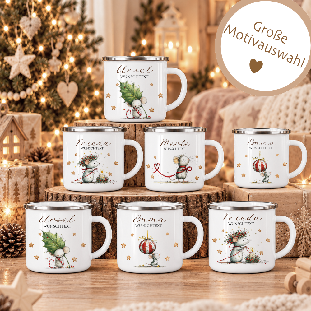 Emaille Tasse personalisiert mit Namen – 4 süße Weihnachtsmäuse