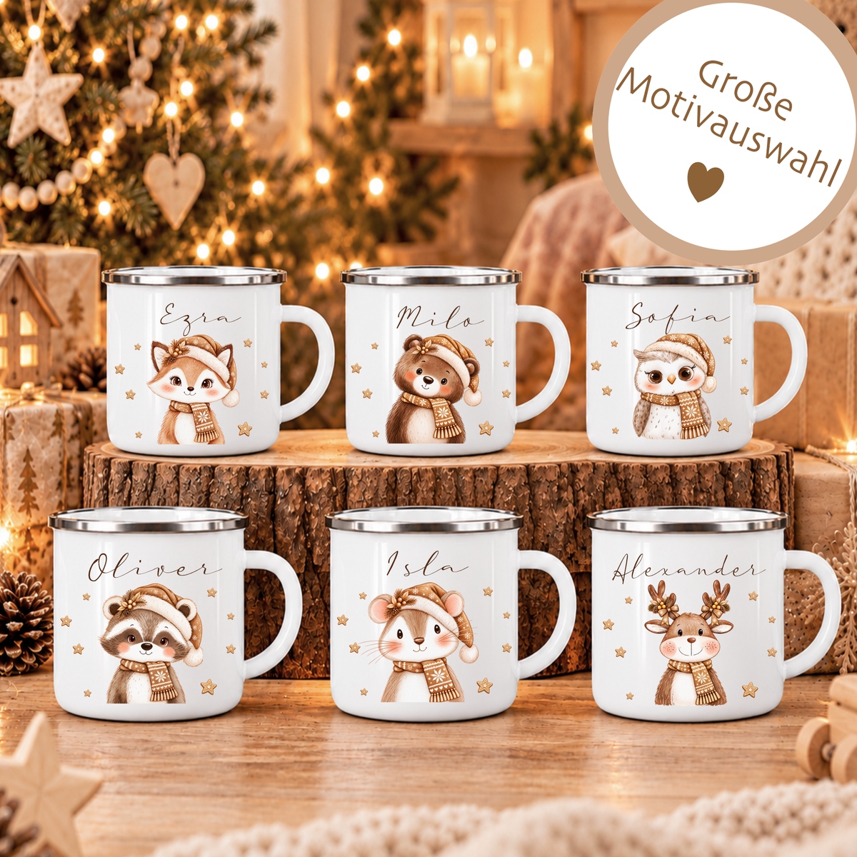 Kindertasse mit Namen Weihnachten, Emaille Tasse personalisiert I Nikolausgeschenk Kinder I Weihnachtstasse Mädchen Jungen I 6 Tiermotive