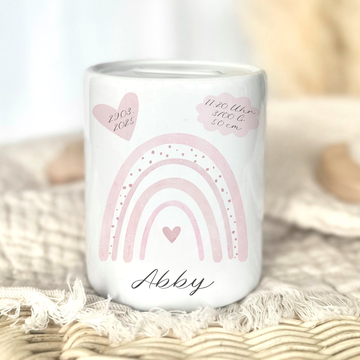 Spardose Regenbogen für Babys, personalisiert mit Namen und Geburtsdaten