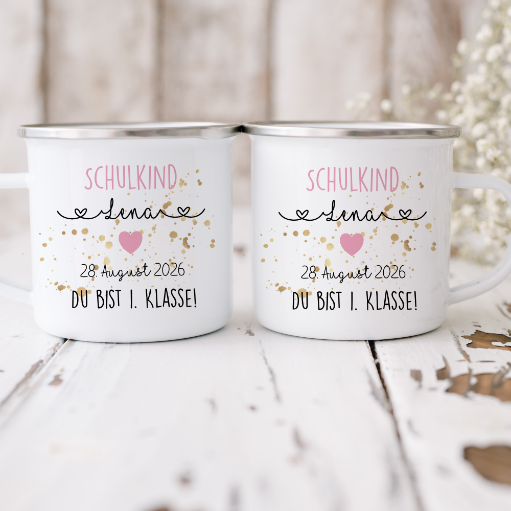 Personalisierte Tasse für das Schulkind | Geschenk für Jungen und Mädchen mit Namen und Datum | 2 Farbvarianten zur Auswahl