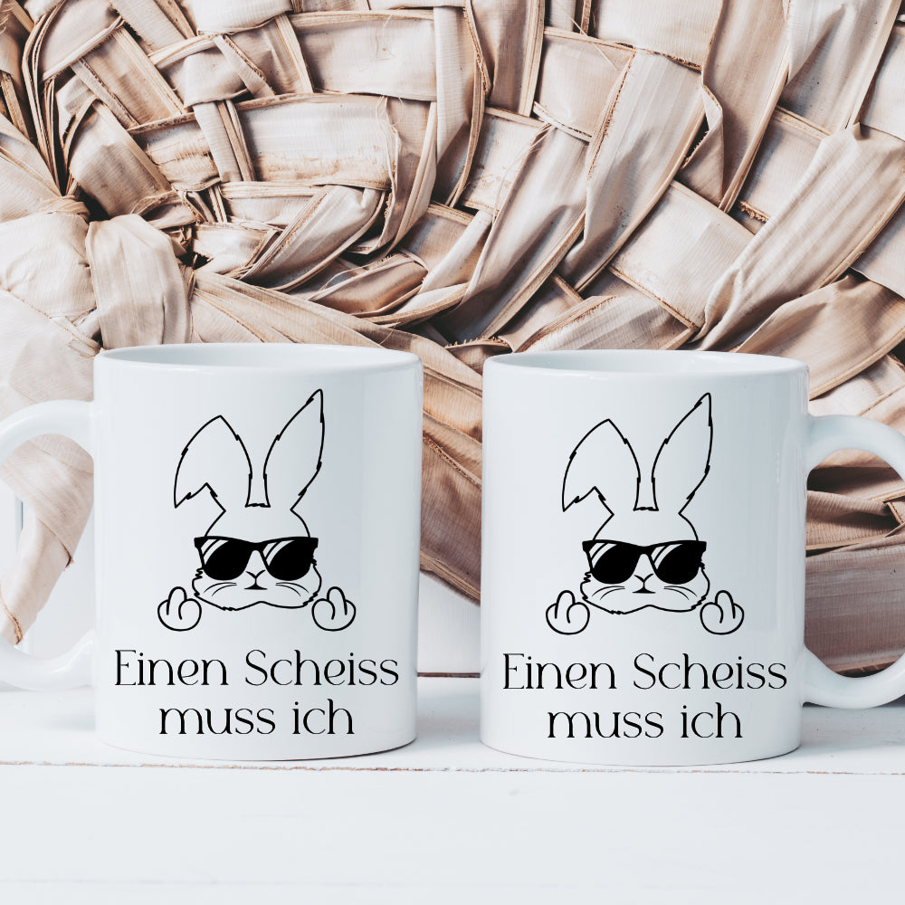 Tasse mit Spruch: Einen Scheiss muss ich | Witzige Ostertasse in Neon mit Osterhasen | 4 Tassenfarben zur Auswahl