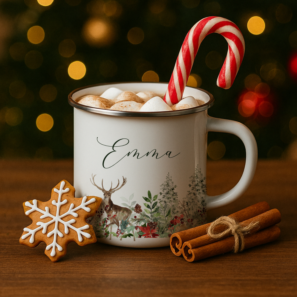 Personalisierte Emaille Tasse Weihnachten mit Namen – Hirsch & Wintermotiv – Geschenkidee Advent & Weihnachtsgeschenk