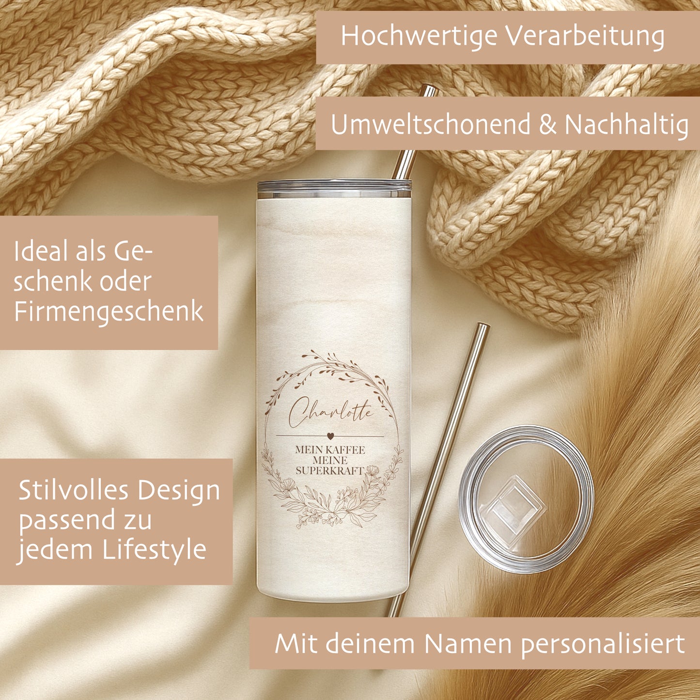 Personalisierter Edelstahl-Thermobecher mit Namen & Wunschtext, Boho Kaffeebecher to go, Geschenk für Frauen, Beste Freundin, Kollegin