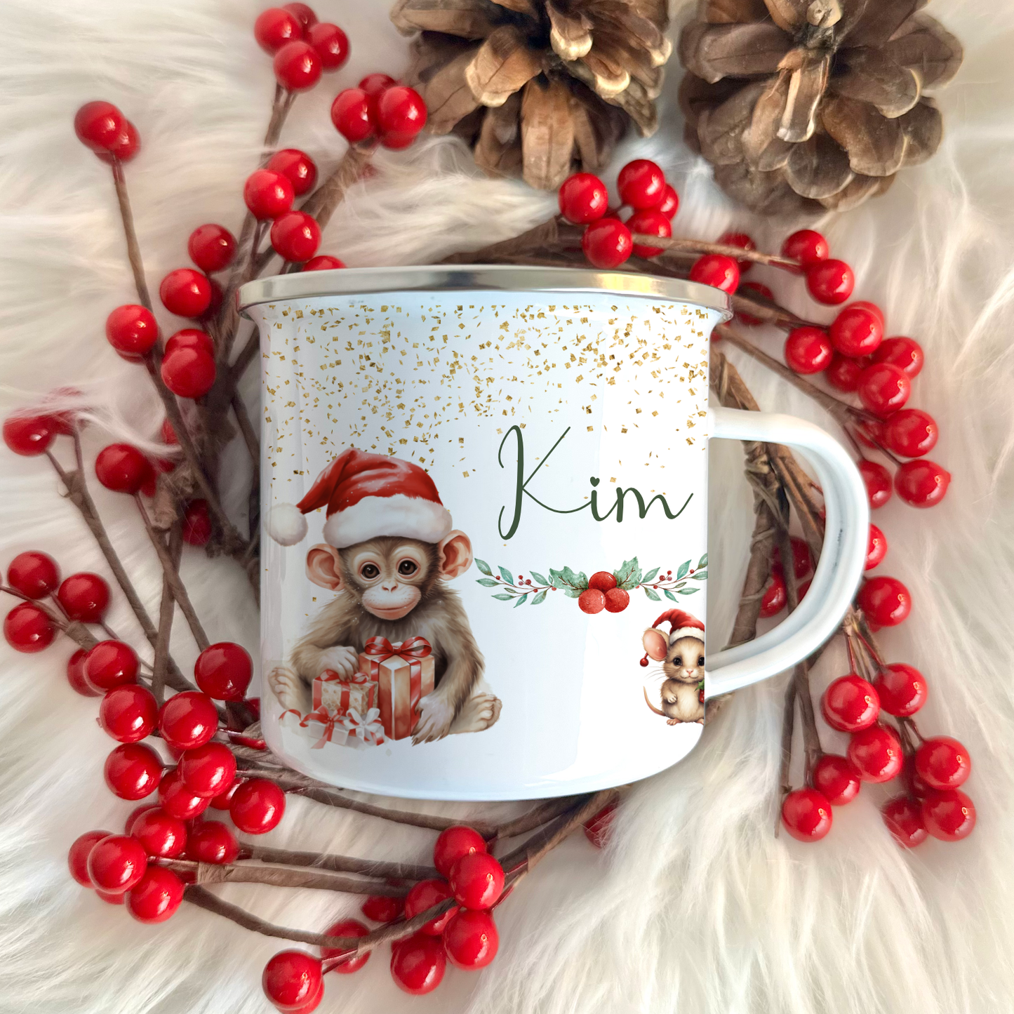 Weihnachtstasse "Tiere" für Kinder | Tasse mit Namen personalisiert | Kinderbecher aus Emaille mit Weihnachtsmotiv | Weihnachtsgeschenk Nikolaus für Mädchen Jungen Teenager | 7 Produktvarianten zur Auswahl