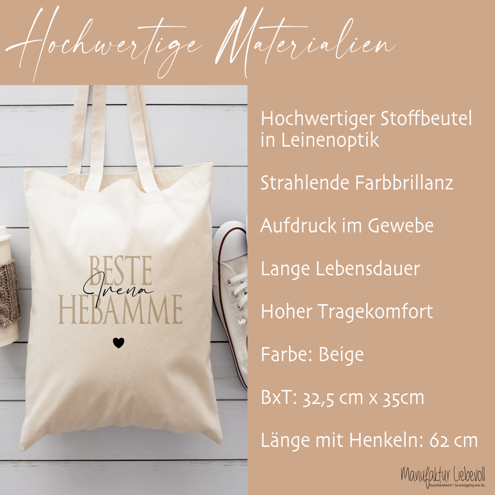 Personalisierter Stoffbeutel, 3 Motive: Beste Erzieherin, Beste Lehrerin, Beste Hebamme