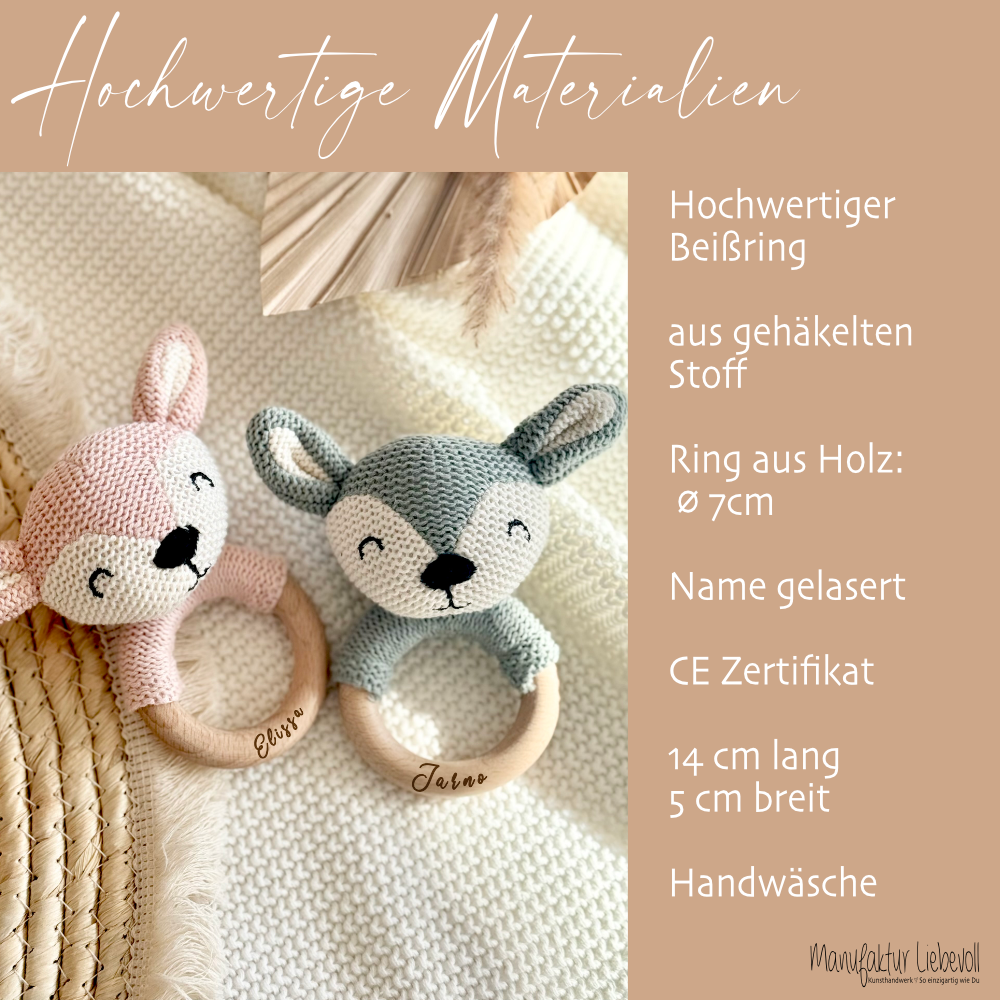 Beißring mit Rassel Personalisiert Baby Greifring Neugeborene