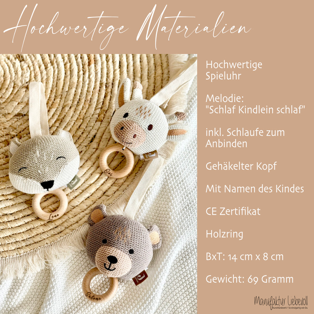 Personalisierte Spieluhr für Babys, Motive: Giraffe, Bär, Fuchs zum Auswählen