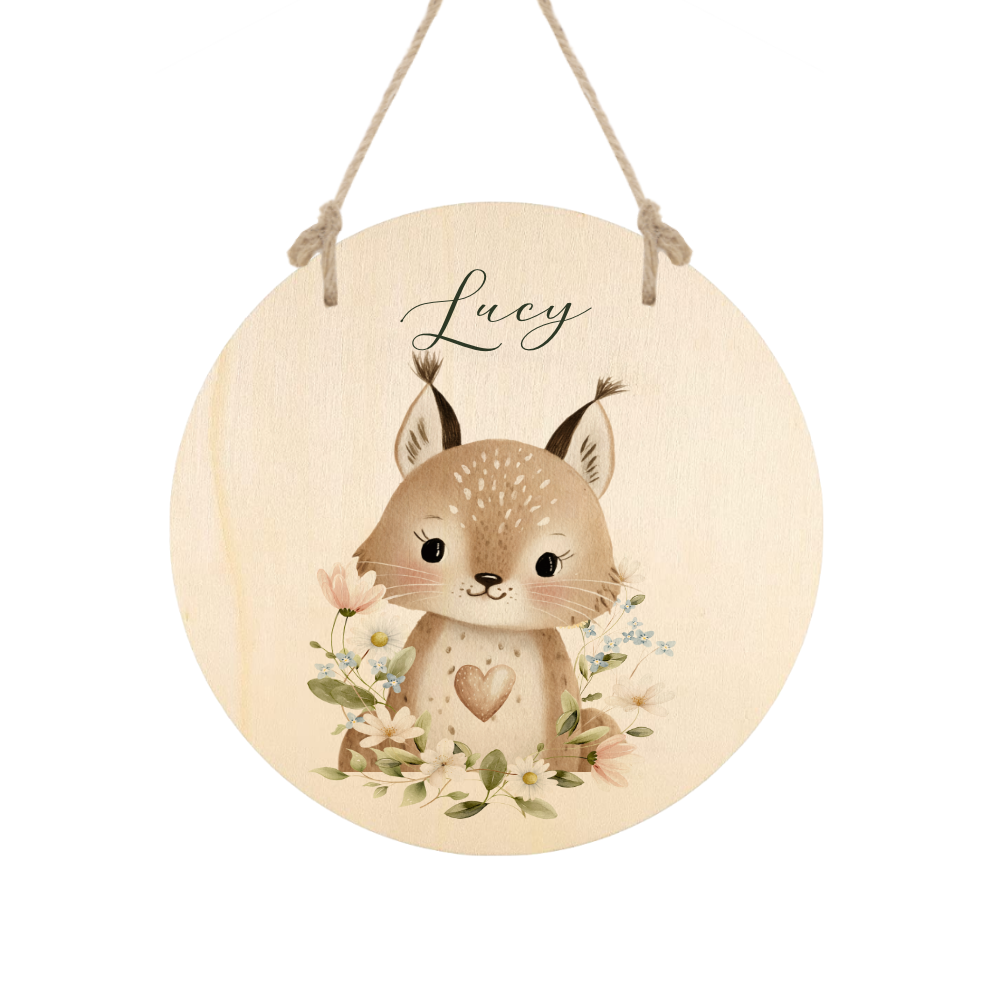 Personalisierte Holzschilder mit Namen – Süße Waldtiere Motive im Boho-Stil – Rundes Türschild & Wanddeko fürs Kinderzimmer 20cm