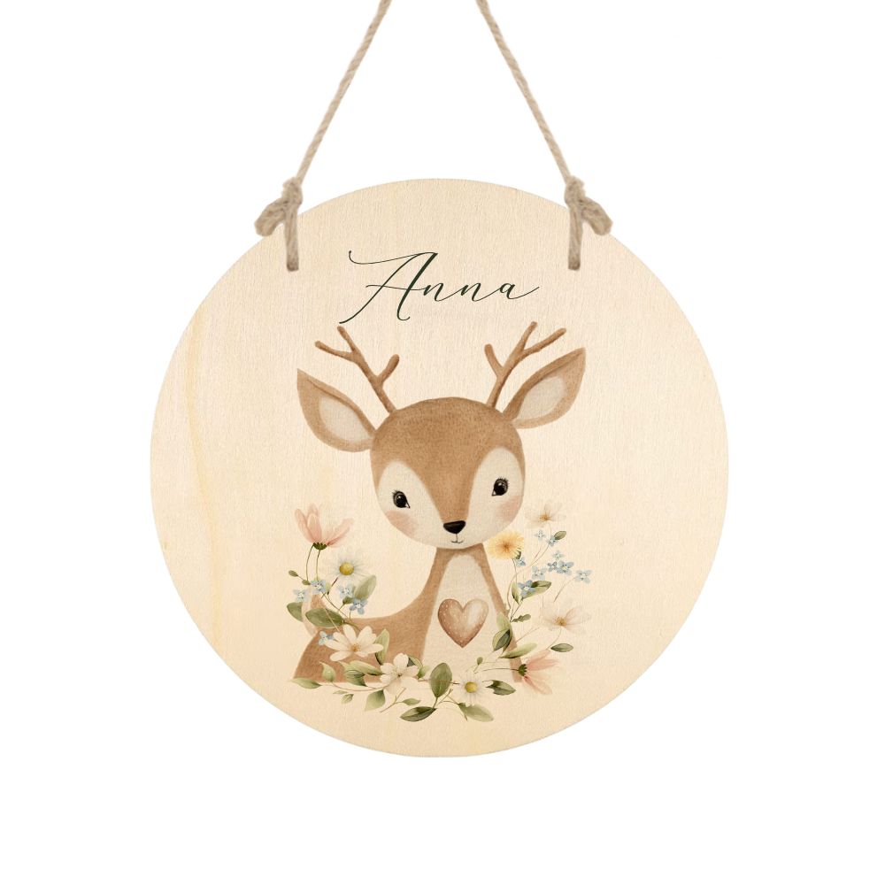 Personalisierte Holzschilder mit Namen – Süße Waldtiere Motive im Boho-Stil – Rundes Türschild & Wanddeko fürs Kinderzimmer 20cm