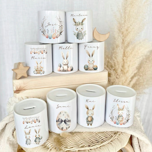 Spardose mit Namen für Kinder mit Ostermotiven