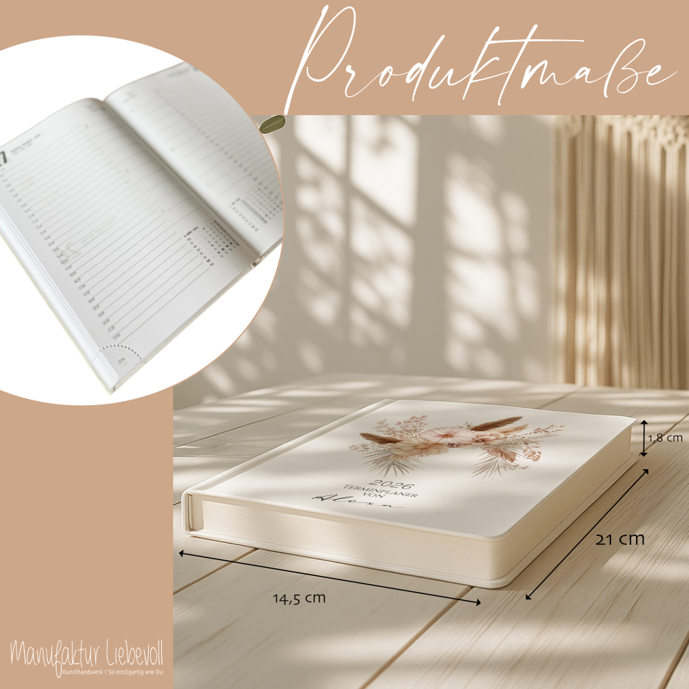Personalisierter Terminplaner 2026 Din A5 | Hardcover Buchkalender mit Name | Florales & Boho Design