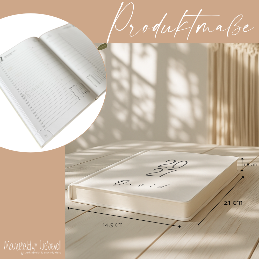 Personalisierter Terminplaner 2027 Din A5 | Minimalistischer Buchkalender mit Name | Weißes Hardcover – Manufaktur Liebevoll
