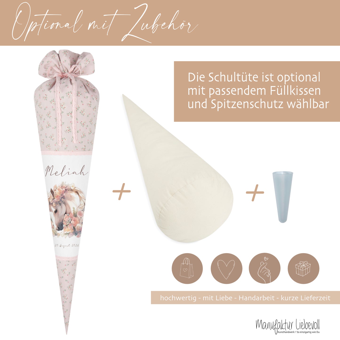 Personalisierte rosa Stoff Zuckertüte Pferd Schultüte Pony für Mädchen mit Namen Einschulungstüte Einschulung Datum Blumen Füllkissen 70 cm I Optional mit Füllkissen und Spitzenschutz
