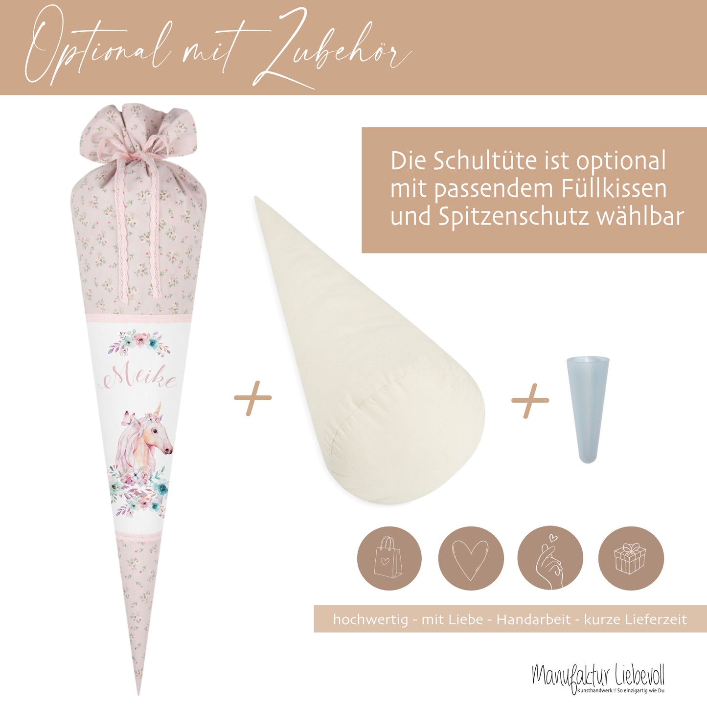 Schultüte "Einhorn" mit Namen handgefertigt | Schöne Stoffschultüte zur Einschulung für Mädchen mit geblümten Stoff | Optional mit Füllkissen und Spitzenschutz
