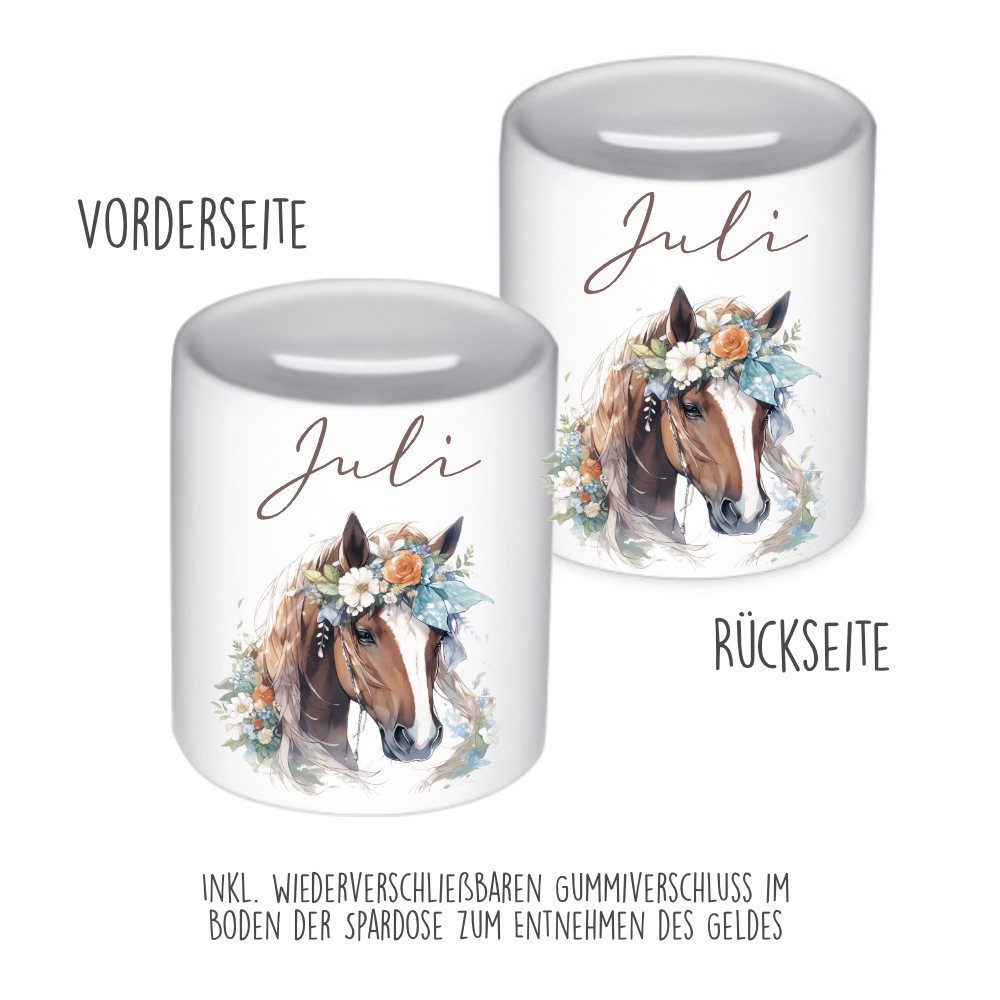 Spardose "Pony" mit Namen für Mädchen | Geschenk für Kinder | Personalisiertes Geldgeschenk I Geschenkidee zum Geburtstag | 10 Motive zur Auswahl