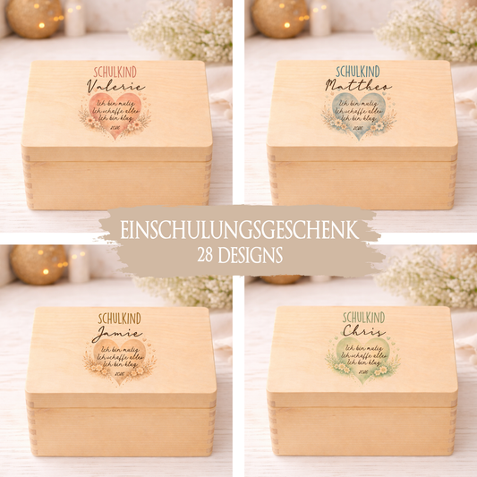 Holzkiste Schulkind 2026 Geschenk I Personalisierte Erinnerungsbox mit Namen viele Motive I Mädchen Einschulung Junge Geschenk Schulstart